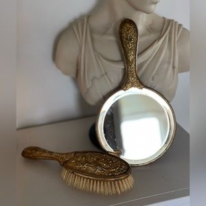 Vintage mirror and brush set. Used.  Mirror 9” long Gorgeous set🩷